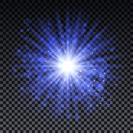 Blue burst on transparent background with sparkles and bokeh. Blue star glow effect. Magic burst for cads, invitations, poster and web. Futuristic vector design.のイラスト素材