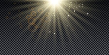 Golden burst with sparkle rays and lens flare effect. Glowing stars. Golden glitter bokeh lights and burst of magical dust particles. Vector illustration.のイラスト素材