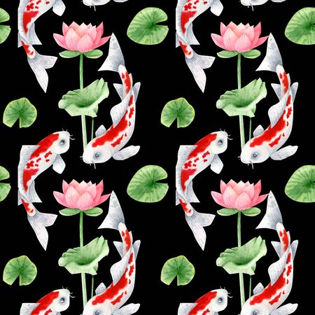 Koi fish with lotos seamless pattern. Traditional japanese koi carp and lotos leaf and flowers pattern.の写真素材