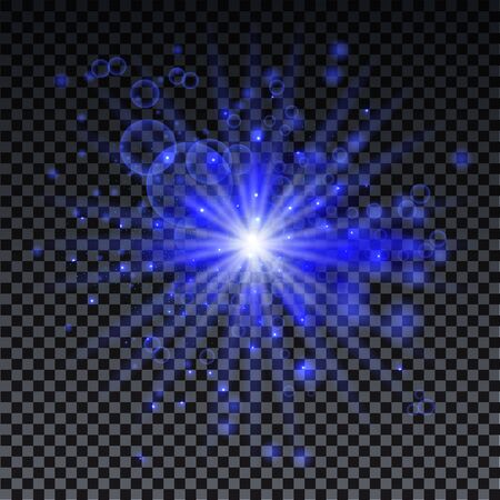 Blue burst on transparent background with sparkles and bokeh. Blue star glow effect. Magic burst for cads, invitations, poster and web. Futuristic vector design.のイラスト素材