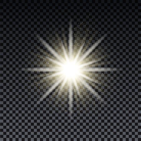 Golden burst with sparkle rays and lens flare effect. Glowing stars. Golden glitter bokeh lights and burst of magical dust particles. Vector illustration.のイラスト素材