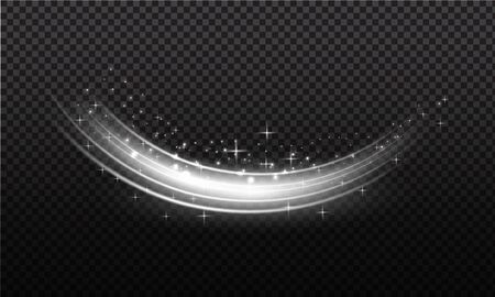 Snow powder. White wind of snow and light trail, design elements for christmas, new year holidays on dark background. White waved trail and powder. Vector illustration.のイラスト素材