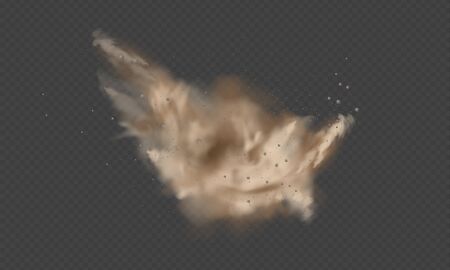 Dust explosion, sandstorm, powder burs on transparent background. Desert wind with cloud of dust and sand. Realistic pouder of desert and stone vector illustration.のイラスト素材