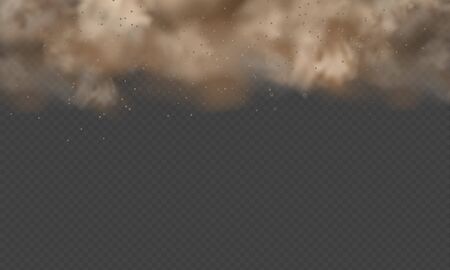 Dust explosion, sandstorm, powder burs on transparent background. Desert wind with cloud of dust and sand. Realistic pouder of desert and stone vector illustration.のイラスト素材