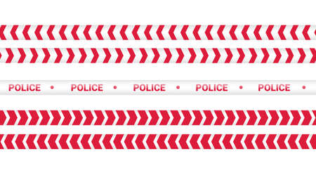 Red police tape, crime danger line. Caution police lines isolated. Warning tapes. Set of red warning ribbons. Vector illustration on white background.のイラスト素材