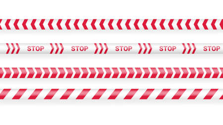 Red police tape, crime danger line. Caution police lines isolated. Warning tapes. Set of red warning ribbons. Vector illustration on white backgroundのイラスト素材