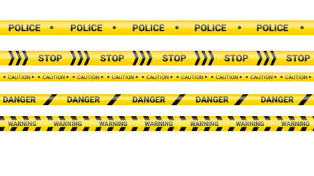 Police tape, crime danger line. Caution police lines isolated. Warning tapes. Set of yellow warning ribbons. Vector illustration on white background.のイラスト素材