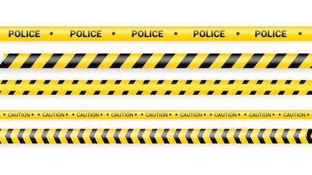 Police tape, crime danger line. Caution police lines isolated. Warning tapes. Set of yellow warning ribbons. Vector illustration on white background.のイラスト素材