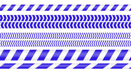 Blue police tape, crime danger line. Caution police lines isolated. Warning tapes. Set of blue warning ribbons. Vector illustration on white background.のイラスト素材