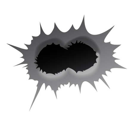 Bullet double hole on white background. Realisic metal bullet hole, damage effect. Vector illustration.のイラスト素材