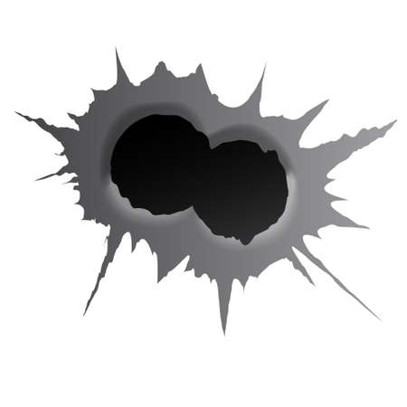 Bullet double hole on white background. Realisic metal bullet hole, damage effect. Vector illustration.のイラスト素材