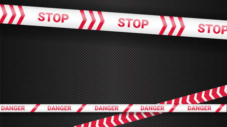 Police tape, crime danger line. Caution police lines isolated. Warning tapes. Set of red warning ribbons. Vector illustration on dark transparent background.のイラスト素材