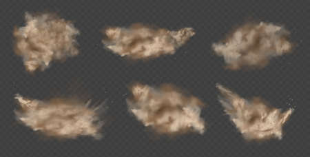 Dust explosion, sandstorm, powder burs on transparent background. Desert wind with cloud of dust and sand. Set of realistic pouder of desert and stone vector illustration.のイラスト素材