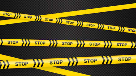 Police tape, crime danger line. Caution police lines isolated. Warning tapes. Set of yellow warning ribbons. Vector illustration on dack transparent background.のイラスト素材