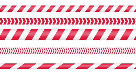 Red police tape, crime danger line. Caution police lines isolated. Warning tapes. Set of red warning ribbons. Vector illustration on white background.のイラスト素材