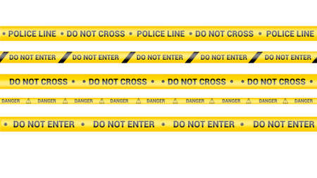 Police tape, crime danger line. Caution police lines isolated. Do not cross tapes. Set of yellow warning ribbons. Vector illustration on white background.のイラスト素材