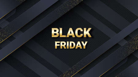 Black Friday sale banner or poster on carbon luxury abstract background. Black friday commercial banner, 3d dynamic shapes and golden letters. Texture carbon with luxury golden glitters dots.のイラスト素材