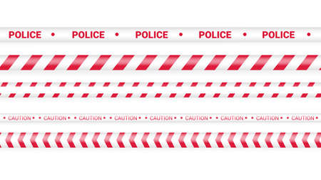 Red police tape, crime danger line. Caution police lines isolated. Warning tapes. Set of red warning ribbons. Vector illustration on white background.のイラスト素材