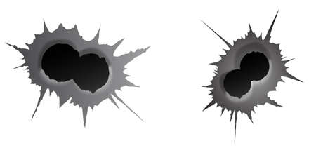 Bullet double hole on white background. set of double realisic metal bullet hole, damage effect. Vector illustration.のイラスト素材