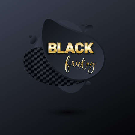 Black friday sale banner or poster with liquid splash background. Black friday commercial banner, 3d dynamic shapes and golden letters. Vector business illustration.のイラスト素材