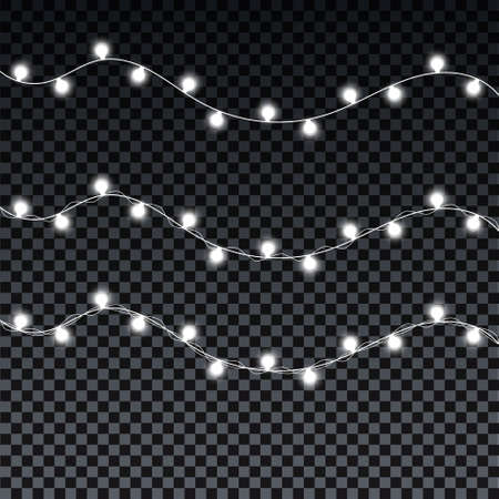 Garland bulbs isolated on transparent background. Christmas decorations lights effects. Garland bulbs for Xmas Holiday, birthday greeting card, invitations party, banners, posters, web design.のイラスト素材