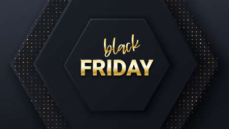 Black friday sale banner or poster with black honeycomb tiles. Black friday commercial banner. Hexagon geometry pattern. Minimal black background of honeycomb for modern cover, ad baner, web.のイラスト素材