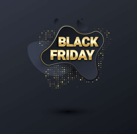 Black friday sale banner or poster with liquid splash background. Black friday commercial banner, 3d dynamic shapes and golden glittering halftone pattern. Vector business illustration.のイラスト素材