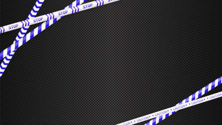 Police tape, crime danger line. Caution police lines isolated. Warning tapes. Set of blue warning ribbons. Vector illustration on dark transparent background.のイラスト素材