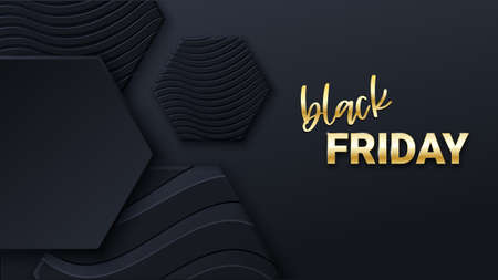 Black friday sale banner or poster with black and gold honeycomb tiles. Black friday commercial banner. Hexagon geometry pattern. Minimal black background of honeycomb for modern cover, ad baner, webのイラスト素材