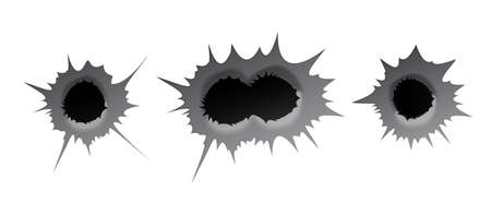 Bullet hole on white background. Realisic metal single and double bullet hole, damage effect. Vector illustrationのイラスト素材
