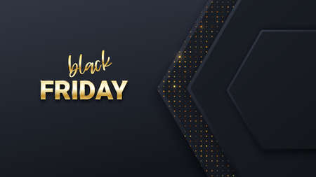 Black Friday sale banner or poster with black honeycomb tiles. Black Friday commercial banner. Hexagon geometry pattern. Minimal black background of honeycomb for modern cover, ad banner, webのイラスト素材