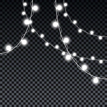 Garland bulbs isolated on transparent background. Christmas decorations lights effects. Garland bulbs for Xmas Holiday, birthday greeting card, invitations party, banners, posters, web designのイラスト素材