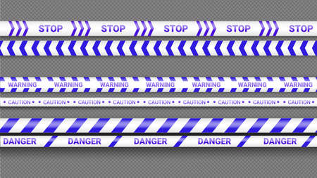 Police tape, crime danger line. Caution police lines isolated. Warning tapes. Set of blue warning ribbons. Vector illustration on dark transparent backgroundのイラスト素材