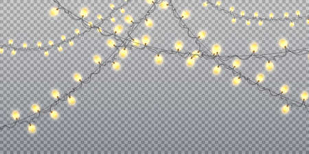 Gold garland bulbs isolated on transparent background. Christmas lights. Glowing gold garland for Xmas Holiday cards, banners, posters, web design. Vector illustrationのイラスト素材