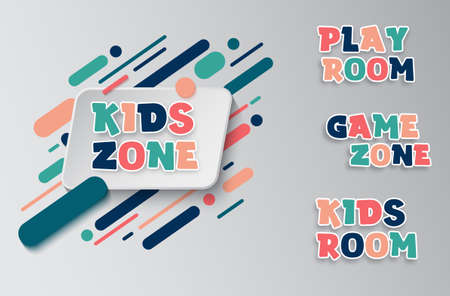 Kids zone entertainment banner. Colorful letters for childrens playroom decoration. Sign for childrens game room. Kids zone and party room area design.のイラスト素材