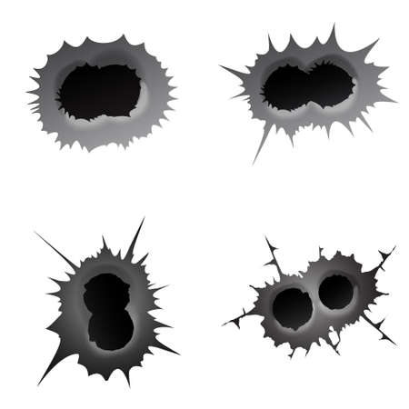 Bullet double hole on white background. set of double realisic metal bullet hole, damage effect. Vector illustration.のイラスト素材