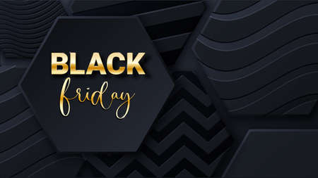 Black friday sale banner or poster with black honeycomb tiles. Black friday commercial banner. Hexagon geometry pattern. Minimal black background of honeycomb for modern cover, ad baner, web.のイラスト素材