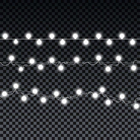 Garland bulbs isolated on transparent background. Christmas decorations lights effects. Garland bulbs for Xmas Holiday, birthday greeting card, invitations party, banners, posters, web design.のイラスト素材