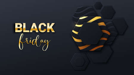Black friday sale banner or poster with black and gold honeycomb tiles. Black friday commercial banner. Hexagon geometry pattern. Minimal black background of honeycomb for modern cover, ad baner, web.のイラスト素材