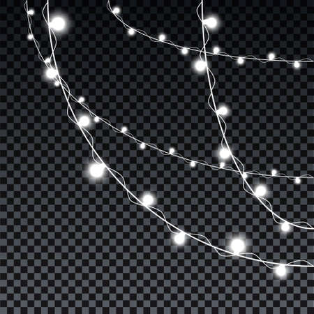 Garland bulbs isolated on transparent background. Christmas decorations lights effects. Glowing lights of garland bulbs for Xmas Holiday, birthday greeting card, invitations party, banners, posters, web designのイラスト素材