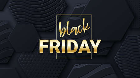 Black friday sale banner or poster with black honeycomb tiles. Black friday commercial banner, 3d shapes and golden letters. Hexagon geometry pattern. Minimal black background of honeycomb for modern cover, ad baner, webのイラスト素材