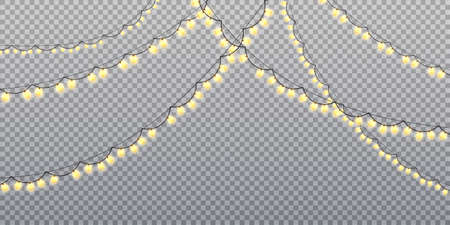 Gold garland bulbs isolated on transparent background. Christmas lights. Glowing gold garland for Xmas Holiday cards, banners, posters, web design. Vector illustration.のイラスト素材