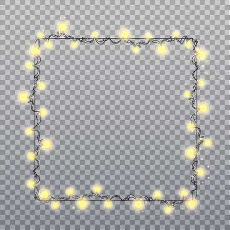 Square gold garland bulbs on transparent background. Christmas decorations lights effects. Gold garland bulbs for Xmas Holiday, birthday greeting card, invitations party, banners, posters, web design.のイラスト素材