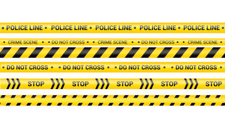 Police tape, crime danger line. Caution police lines isolated. Warning crime scene tapes. Set of yellow warning ribbons. Vector illustration on white background.のイラスト素材