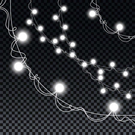 Garland bulbs isolated on transparent background. Christmas decorations lights effects. Garland bulbs for Xmas Holiday, birthday greeting card, invitations party, banners, posters, web design.のイラスト素材