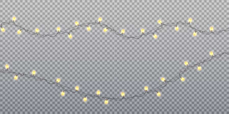 Gold garland bulbs isolated on transparent background. Christmas lights. Glowing gold garland for Xmas Holiday cards, banners, posters, web design. Vector illustration.のイラスト素材