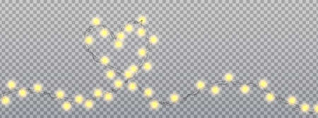 Heart of Gold garland bulbs on transparent background. Christmas lights. Glowing gold garland for Xmas, Valentine day, wedding, Holiday cards, banners, posters, web design. Vector illustration.のイラスト素材