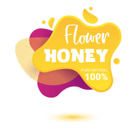 Honey vector label. Bright and shine stickers, labels, tags and banners for honey product. For badges and tags of fresh market, farmers market, eco shop, green bar, beekeeper.のイラスト素材