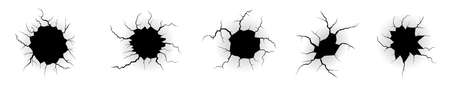 Ground cracks set. Earthquake and ground cracks, hole effect, craquelure and damaged wall texture. Vector illustrations can be used for topics earthquake, crash, destructionのイラスト素材