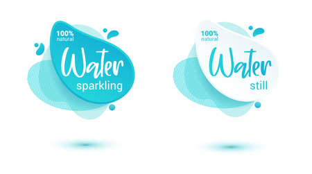 Mineral water tag. Blue label and stickers emblem with drops of water for web and print tag. Still and sparkling water label set.のイラスト素材